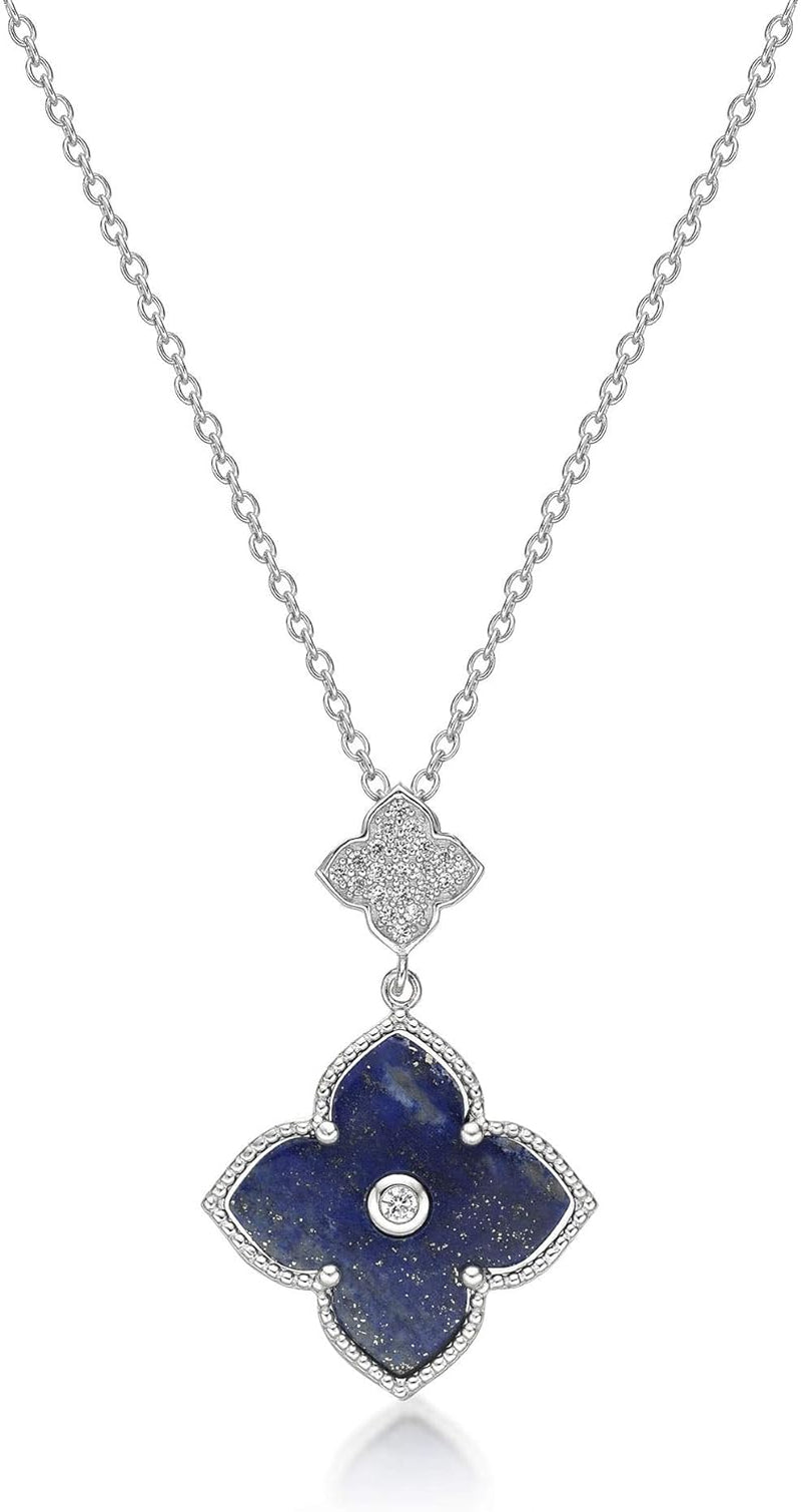 Black Onyx or Mother of Pearl and Cubic Zirconia Double Flower Pendant Necklace in 925 Sterling Silver with Gold Plating 16 to 18 Inches Adjustable Chain Spring Ring