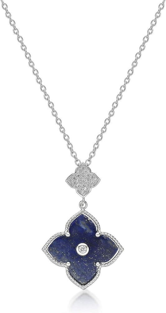 Black Onyx or Mother of Pearl and Cubic Zirconia Double Flower Pendant Necklace in 925 Sterling Silver with Gold Plating 16 to 18 Inches Adjustable Chain Spring Ring