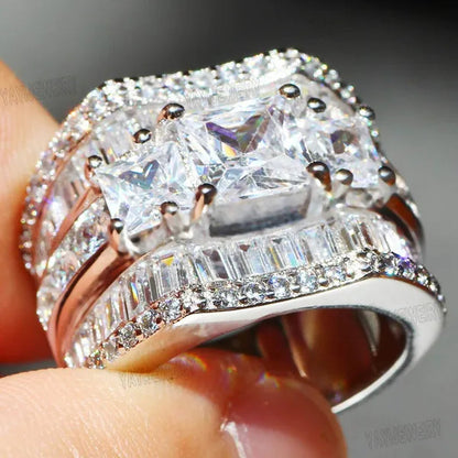 Luxury Silver White Sapphire Flower Ring Natural Gemstones Birthstone Engagement Rings Wedding Anniversary Bride Women Man Princess Cross Ring Size 6 7 8 9 10