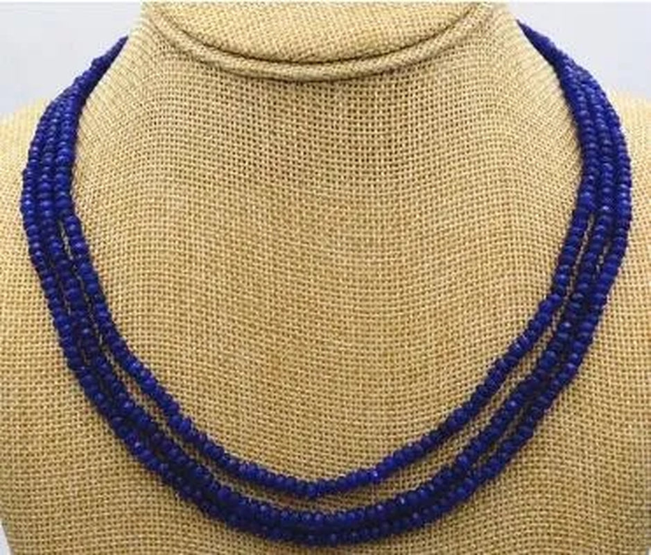 New NATURAL 3 Rows 2X4mm FACETED DARK Blue Sapphire BEADS NECKLACE