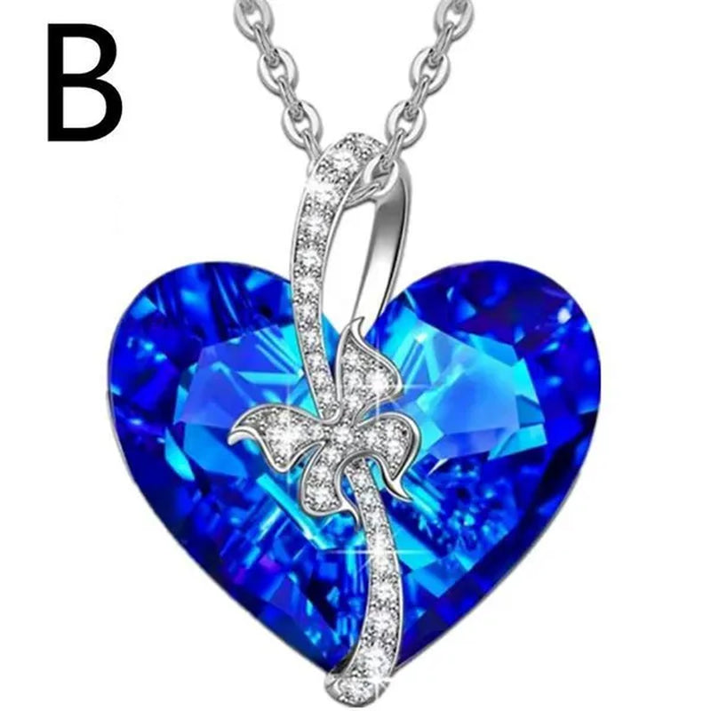 Fashion Heart Blue Crystal Necklace Double Layer Rose Zircon Pendant Engagement Necklaces for Women Rose Jewelry Birthday Party Anniversary Gift