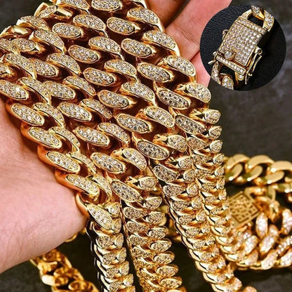 2022 New Gold/Silver Titanium Steel Chain Full Diamond Miami Cuban Link Necklace Men Punk Necklace