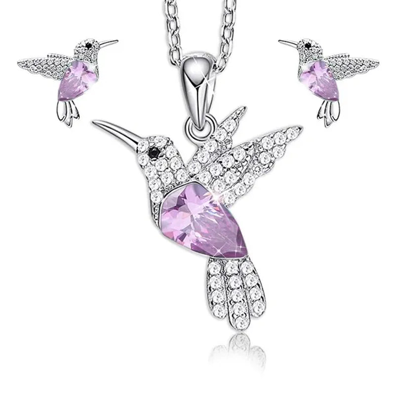 Hummingbird Silver Jewelry Set Women Pendant Necklace and Stud Earring Set Crystalsfine Animal Jewelry, Gift for Mothers Day