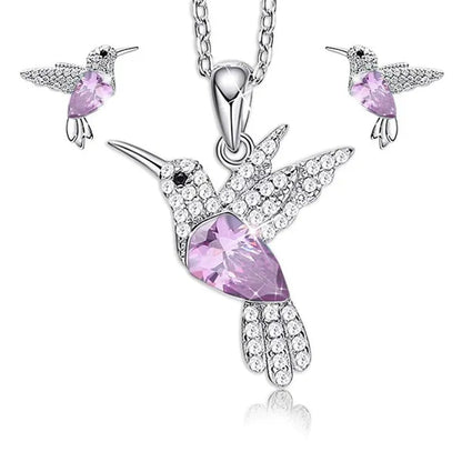 Hummingbird Silver Jewelry Set Women Pendant Necklace and Stud Earring Set Crystalsfine Animal Jewelry, Gift for Mothers Day