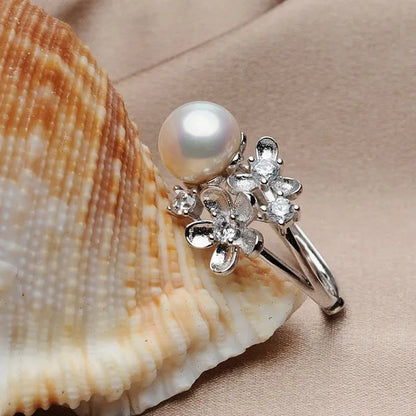 Flower 925 Sterling Silver White Natural Freshwater Cultured Pearl Ring for Women'S Fine Jewelry
