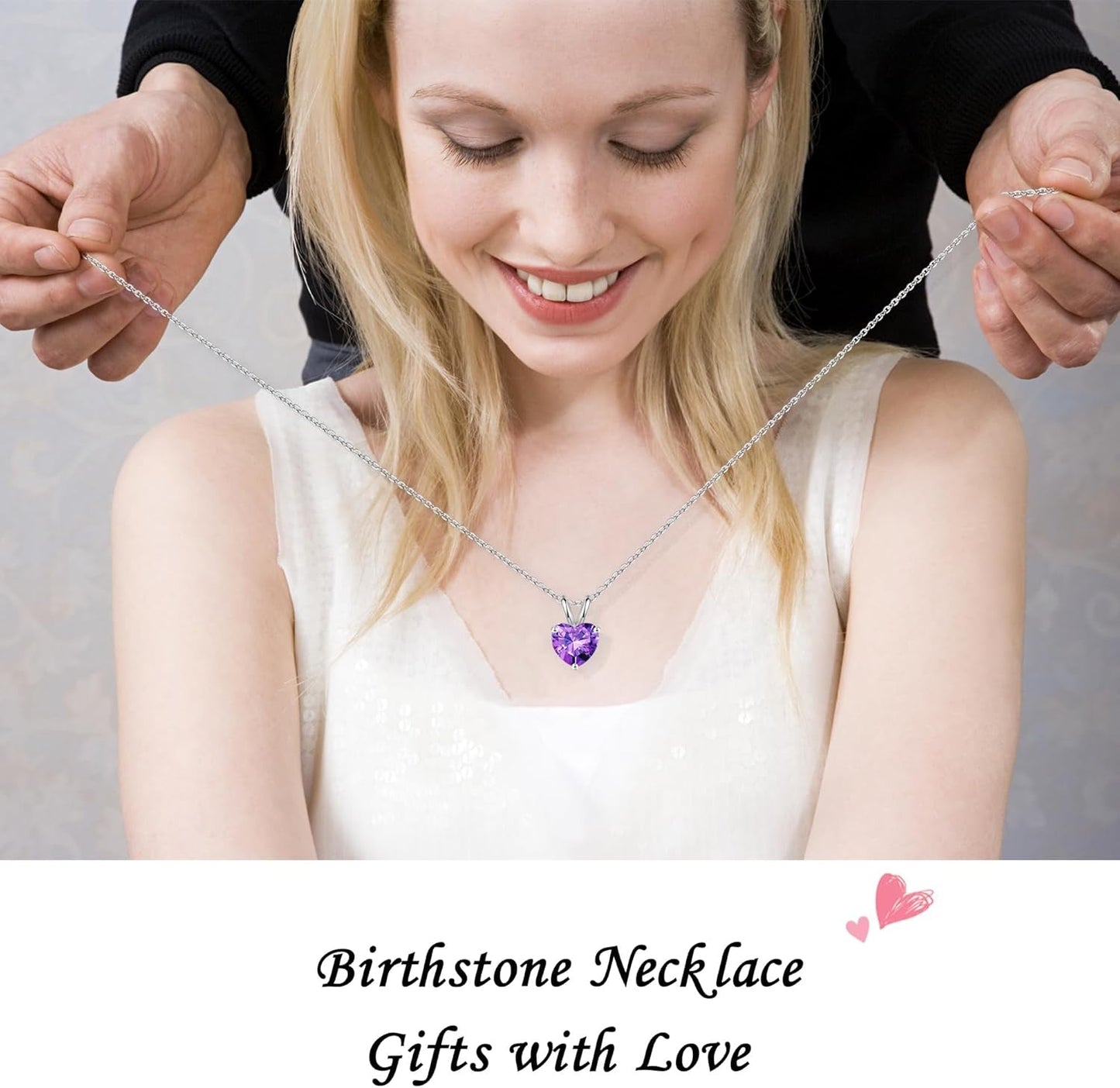 Heart Birthstone Necklace for Women - Dainty Heart Birthstone Pendant Sparkle 925 Sterling Silver Necklace Anniversary Birthday Gifts for Women Mom Wife Daughter Grandma Jewelry Gifts
