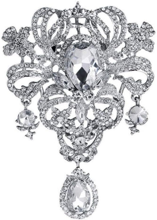 Extra LARGE Antique Vintage Art Deco Victorian Style Silver Tone Imitation Diamond Clear Rhinestone Statement Bridal Wedding Brooch Pin