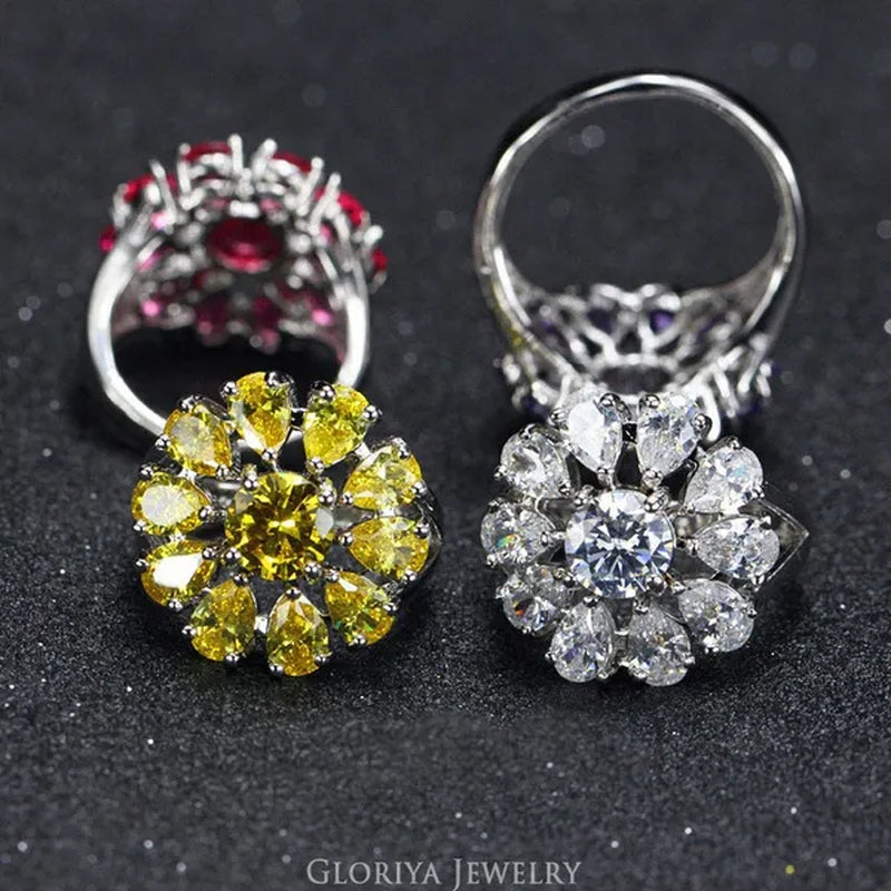 Gloriya Natural Mystic Purple Crystal Ring Cocktail Party Engagement Wedding Ring Silver Plated Jewelry Big Flower Fine Jewelry Women Ring Classic
