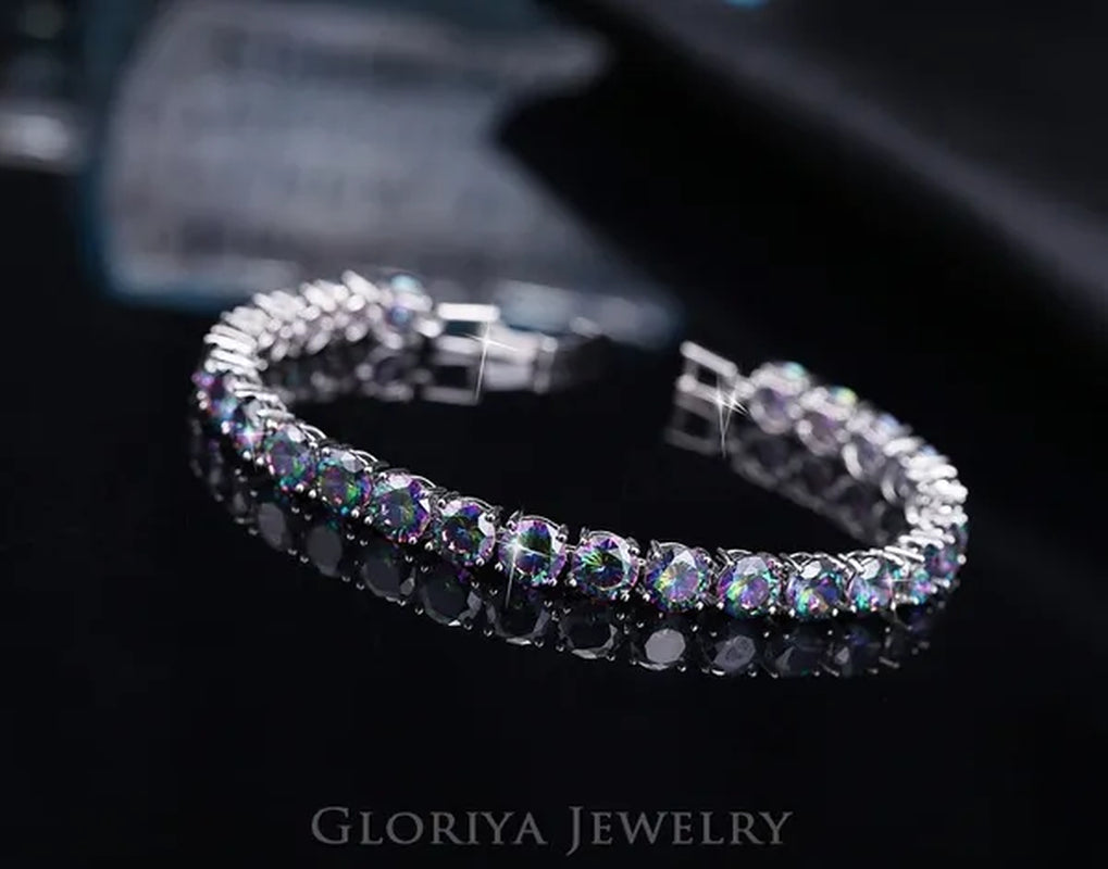 Gloriya Perfect 0.5 Carat Round Cut Mystic Rainbow Crystal Silver Plated Fashion Ladies Tennis Bracelet For Women Jewelry