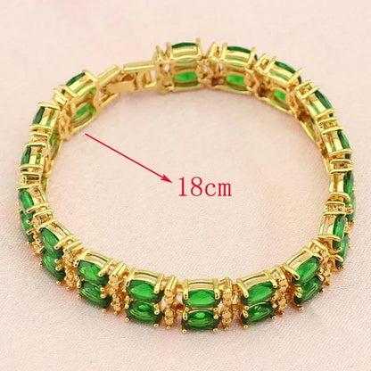 Flawless Long Gold Color Women Jewelry Sets Green Zircon Drop Earrings Necklace Pendant Rings Oval Bracelet Dating Gift