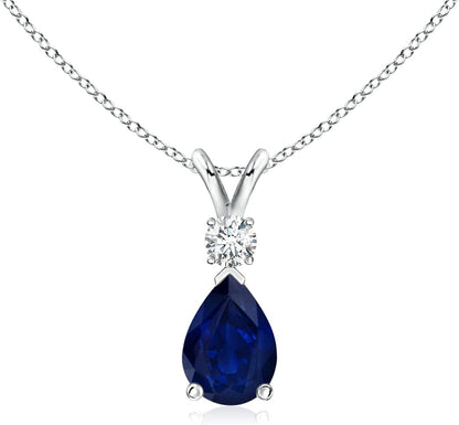 Natural 0.75 Carat Blue Sapphire Teardrop Pendant Necklace for Women with Diamond in 14K White Gold with 18 Inch Chain | September Birthstone Jewelry Gift