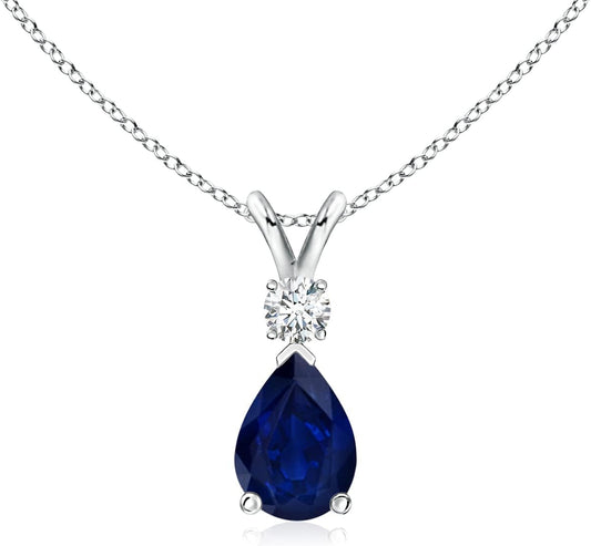 Natural 0.75 Carat Blue Sapphire Teardrop Pendant Necklace for Women, Girls with Diamond in 14K White Gold with 18 Inch Chain | September Birthstone Jewelry Gift