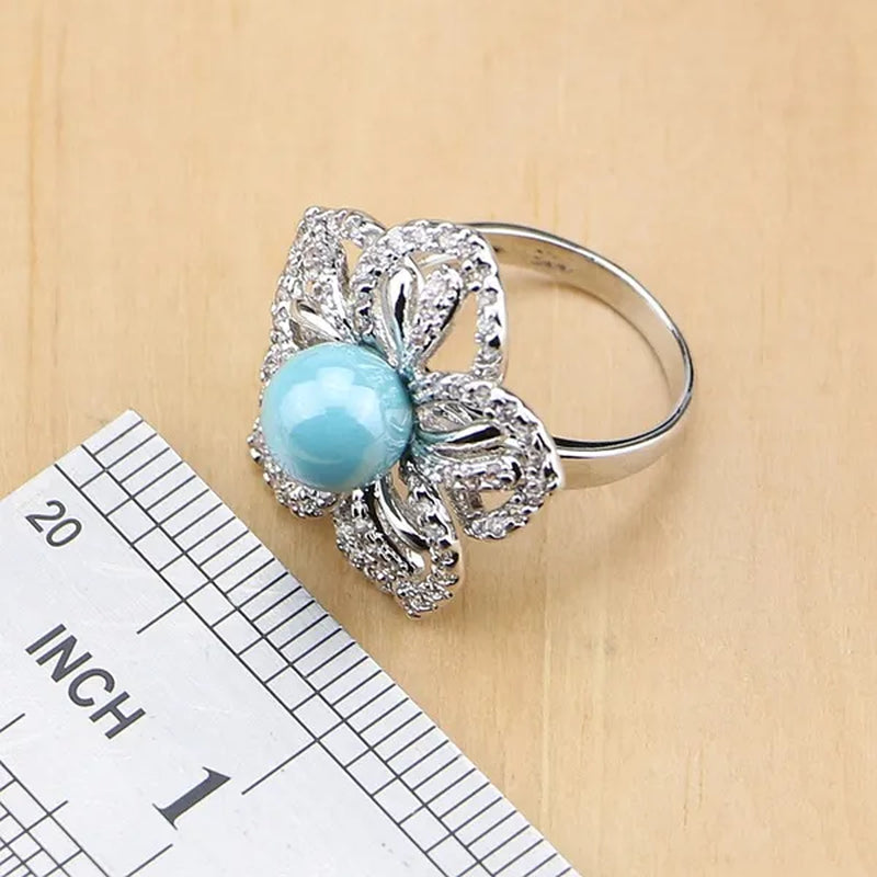 Flower 925 Silver Jewelry Set Blue Pearl with Beads Pendant Drop Earrings Rings Necklace for Women