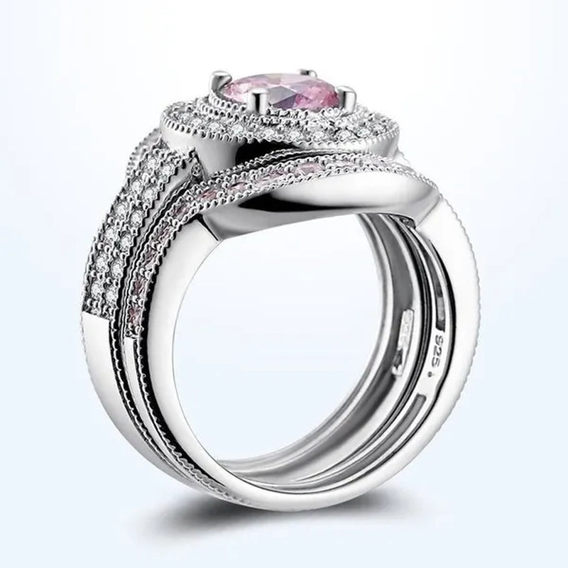 3pcs/set Top Quality 925 Sterling Silver Round Cut 8.8CT Pink & White Topaz Bridal Engagement Wedding Ring Sets