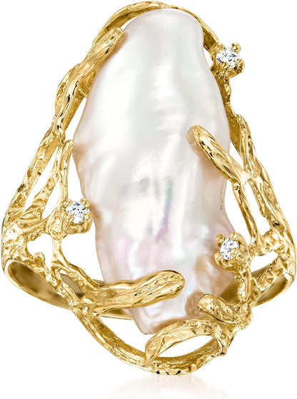 10X24Mm Cultured Baroque Pearl Ring with Diamond Accents in 14Kt Yellow Gold