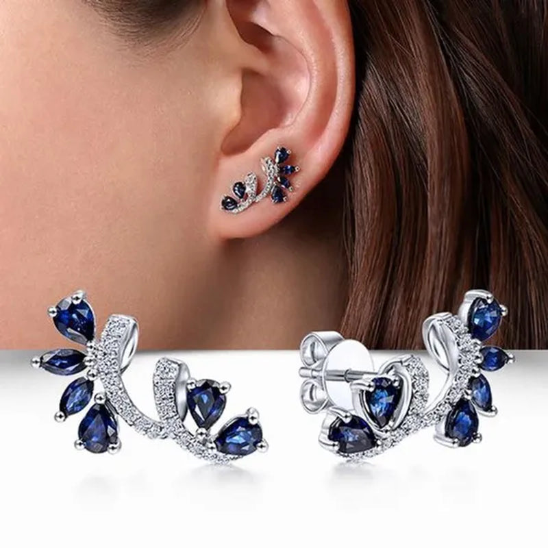 Trendy Women Climbing Earrings Cubic Zirconia Blue Sapphire Earrings Bridal Wedding Flower Earrings Valentine'S Day Gift