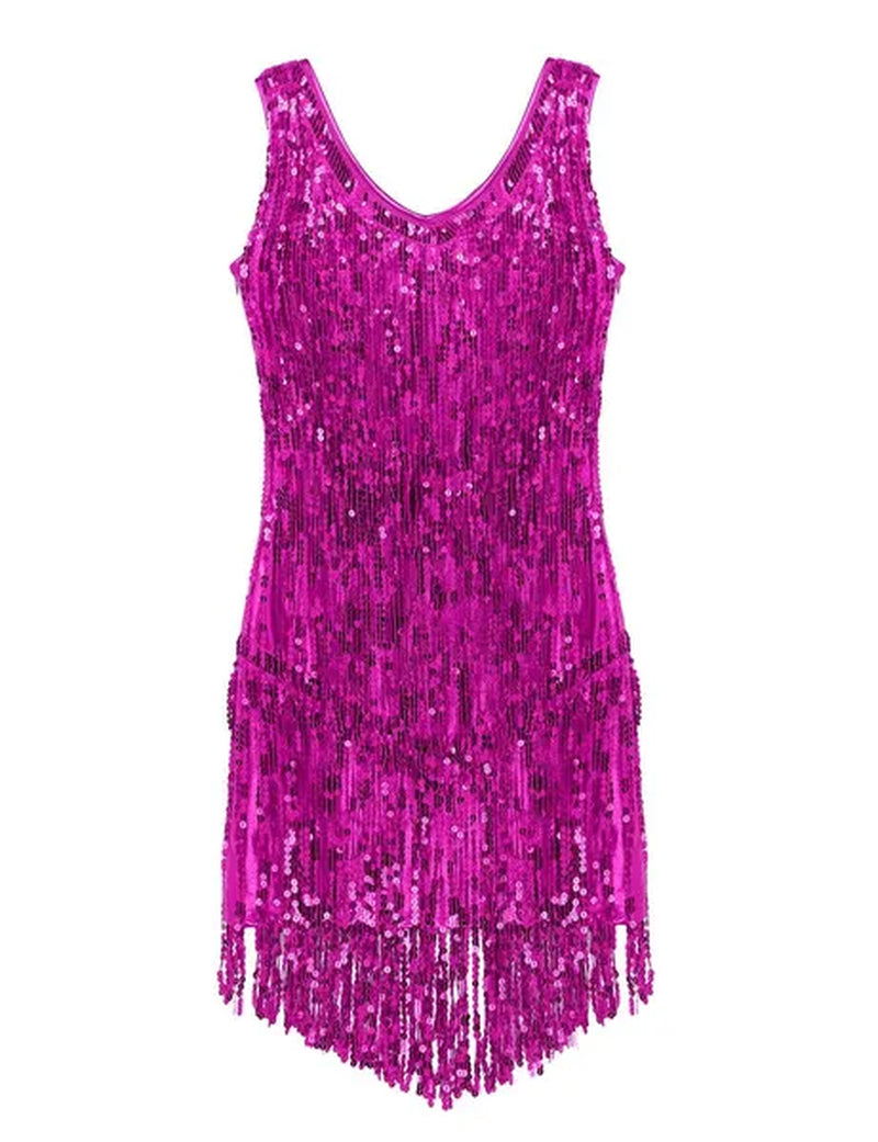 Women's Gowns V Neck Sparkling Sequin Tassels Rhythm Ballroom Salsa Samba Rumba Tango Latin Dance Dress