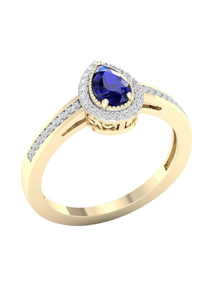 Gemstone 10K Yellow Gold Pear Blue Sapphire 1/8 CT TW Diamond Halo Women'S Ring