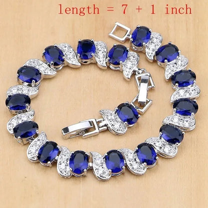 925 Silver Jewelry Sets Blue Sapphire White Topaz Open Rings Earrings Pendant Necklace Bracelet for Bridal Women