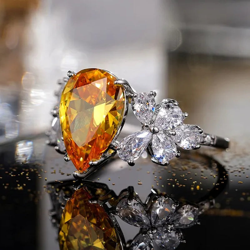 Gorgeous Women Silver Wedding Engagement Ring Pear Citrine Jewelry Size 5-10