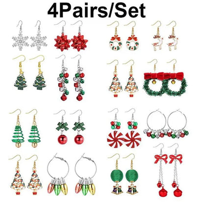 4 Pairs Christmas Earrings for Women Girls Christmas Bell Light Bulbs Hoop Earrings Christmas Tree Jingleball Snowflake Bow Flower Elk Dangle Earrings Christmas Party Jewelry Set Gift