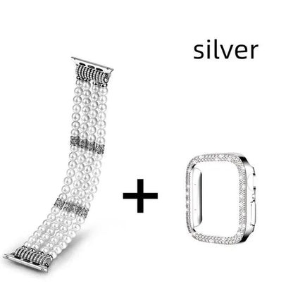 Diamond Case + Pearl Strap for Apple Watch Strap 49Mm 40Mm 44Mm 41Mm 45Mm 38Mm 42Mm 40Mm Iwatch Series 9 Ultra 8 7 6 5 4 3 2 1 SE