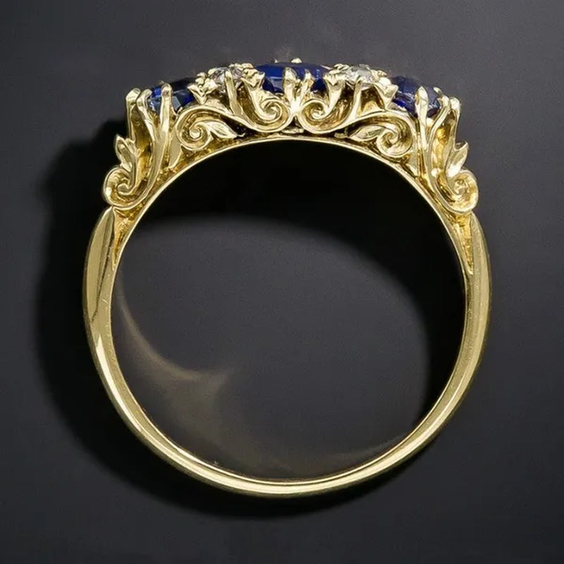 Fashion Women Art Deco Design Jewelry 18K Yellow Gold Ring Victorian Blue Sapphire and Diamond Carved Floral Ring Round Gemstone Wedding Rings Size 6 7 8 9 10