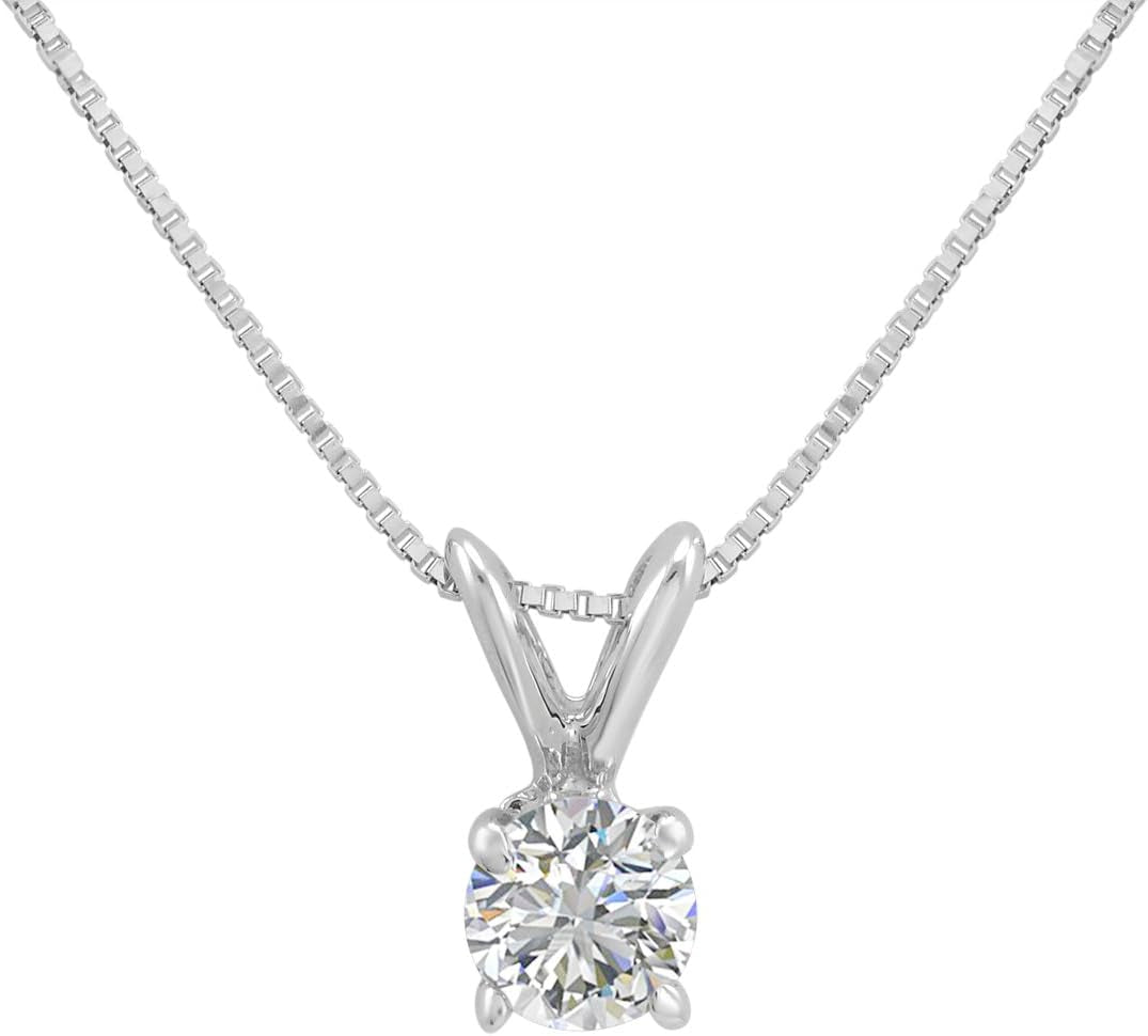 AGS Certified 1/3Ct REAL Diamond Solitaire Pendant Necklace for Women in 14K White Gold on an 18 In. Box Chain