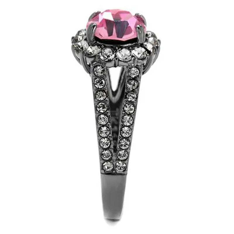 Light Black Stainless Steel 2.87 Ct Light Rose Crystal Halo Engagement Ring