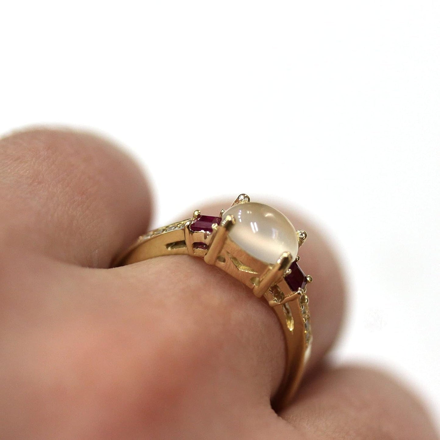 2.65 Ct Tw Natural Cabochon Moonstone, Red Ruby & Diamond Solid 14K Rose Gold 3 Stone Engagement Ring for Women 6 Mm (18K Yellow Gold, 3)