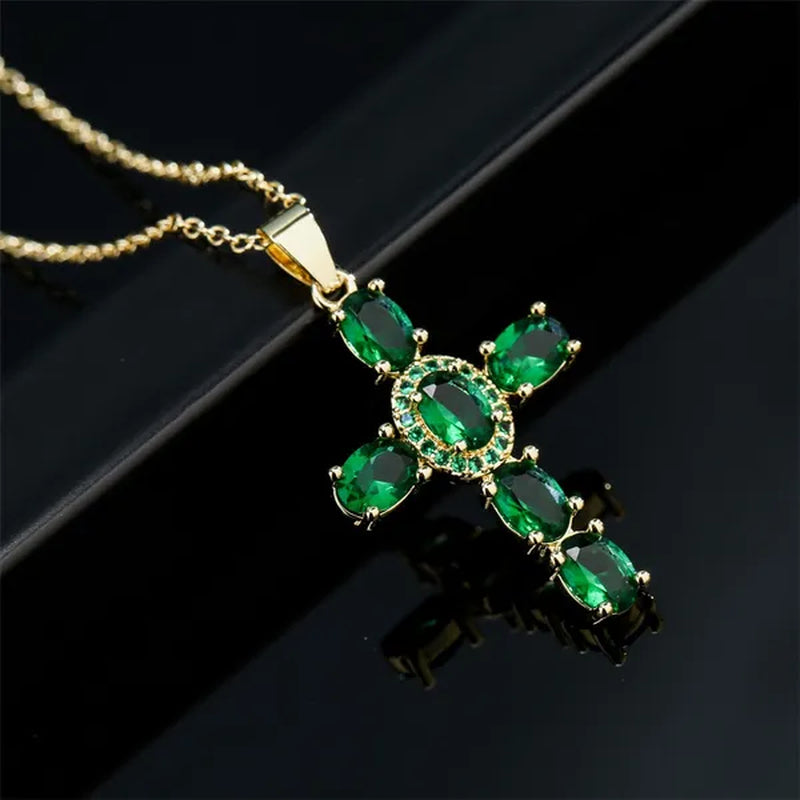 Fashion Jewelry Luxurious Temperament Gold-Plated Sapphire Emerald Ruby Topaz Amethyst Cross Pendant Necklace