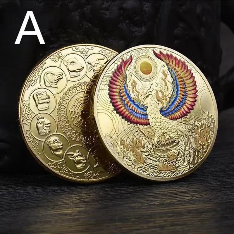 Divine Bird Phoenix Zodiac Commemorative Coin Chinese Lucky Auspicious Divine Bird Replica Gold-Plated Silver Collectible Gift Craft Souvenir