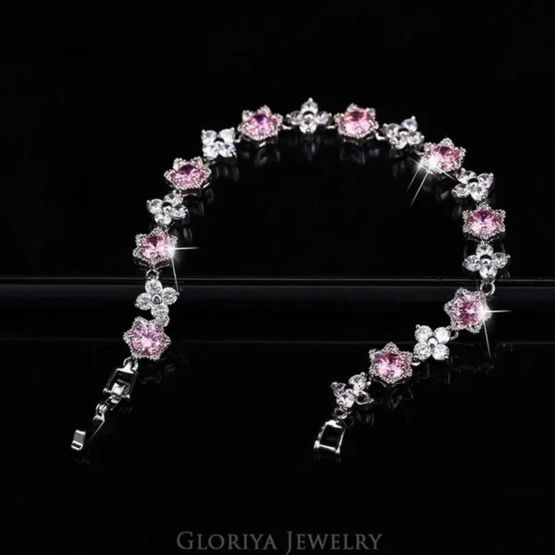 Gloriya Elegant Goddess Silver Plated Link Bracelet Cluster Flower Shape White and Blue AAA Grade Zircon Charm Tennis Bracelet for Women
