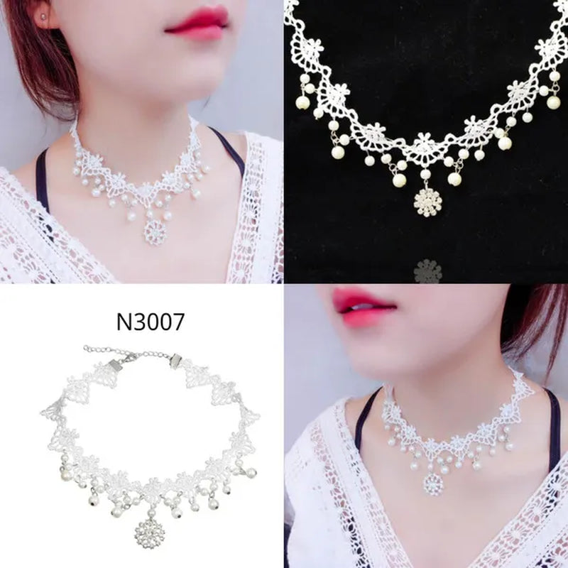 White Lace Necklace Chokers Black Collares Vintage Style Female Gothic Wedding Red Rose Crystal Diamond Pendant Collarbone Necklaces Chain Accessories for Women Girls