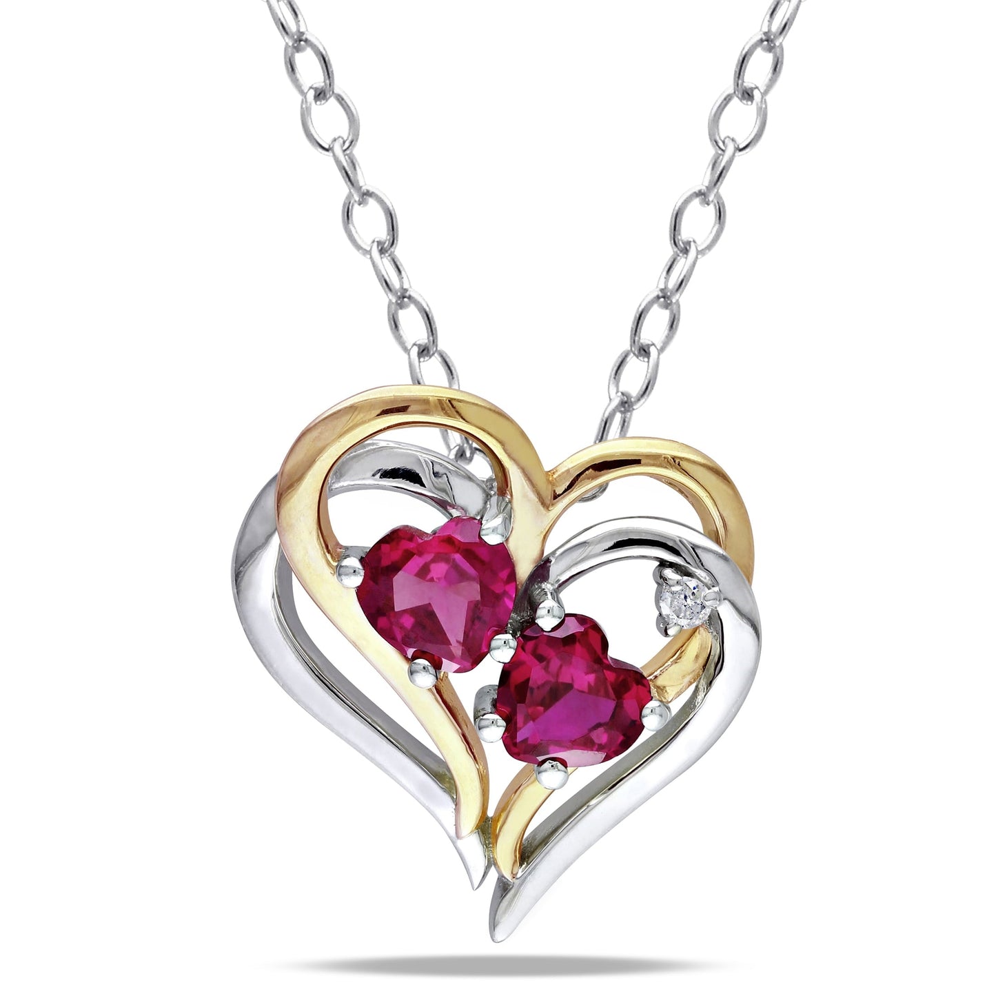 Women'S 1 1/6 Carat T.G.W. Heart-Cut Created Ruby & Round-Cut Diamond Accent T.W.-Tone Silver Double Heart Pendant with Chain with Shared Prong Setting & Spring Ring Clasp (G-H-I, I3) - 18 In.