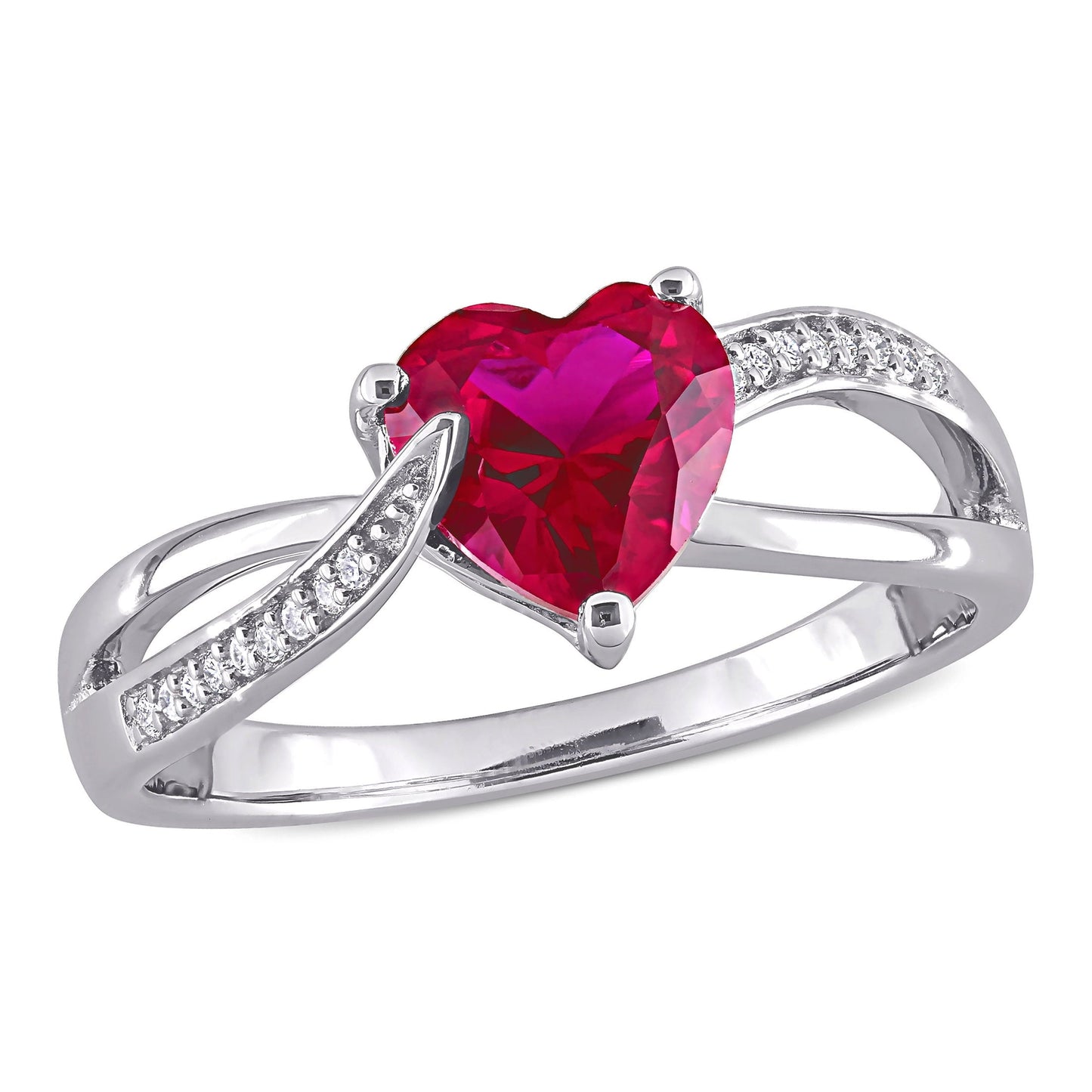 Women'S 1-5/8CT Heart-Cut Created Ruby Diamond Accent Sterling Silver Heart Crossover Ring