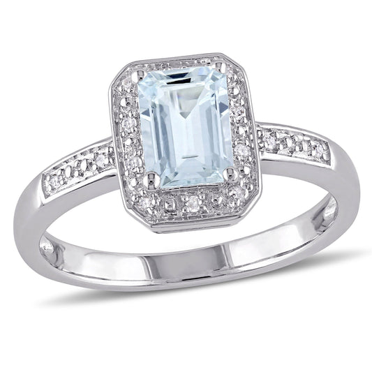Women'S 1 Carat T.G.W. Emerald-Cut Aquamarine and Diamond Sterling Silver Cocktail Ring