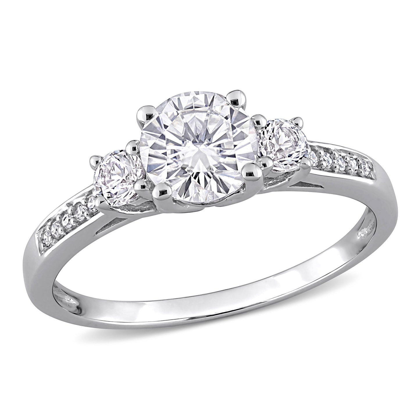 Women'S Engagement Anniversary Bridal 1 1/3 CT. round Created White Sapphire Round-Cut Diamond Accent (G-H, I2-I3) 10Kt White Gold 3-Stone Ring with 4 Prong/Pave Setting & Shoulder Diamonds