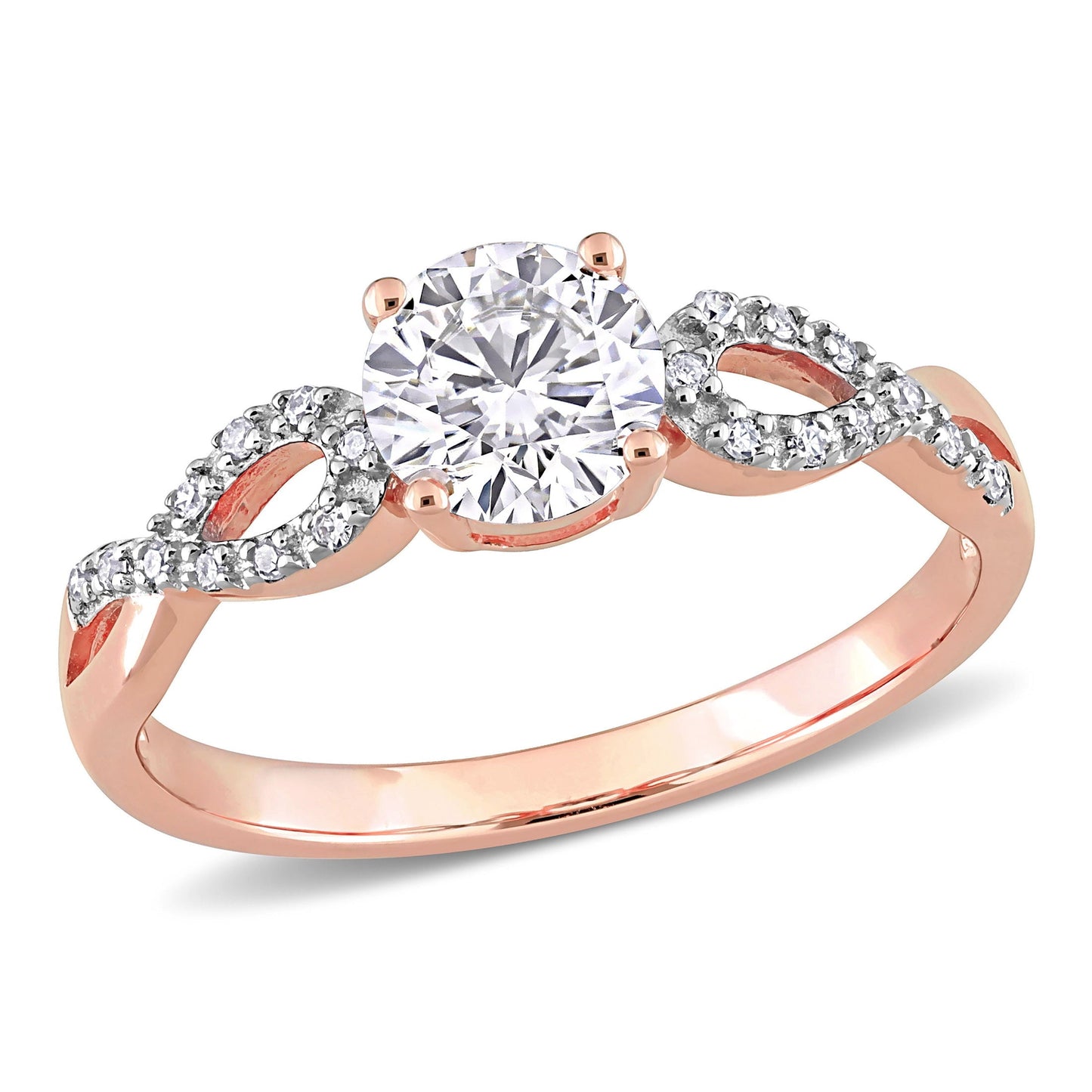 Women'S Engagement Anniversary Bridal 1 CT Round-Cut Created White Sapphire 1/10 CT Diamond 10Kt Rose Gold Solitaire Ring with Infinity Band with 4/Claw/Shared Prong Setting (G-H, I1-I2)