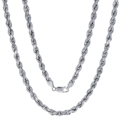 10K White Gold 5Mm Rope Chain Diamond Cut Pendant Necklace, Mens Jewelry 18" - 30"