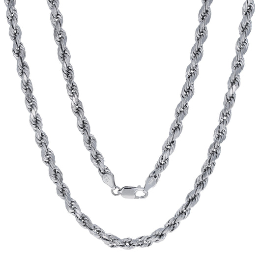 10K White Gold 5Mm Rope Chain Diamond Cut Pendant Necklace, Mens Jewelry 18" - 30"