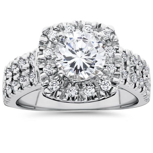 Pompeii 2 Ct Diamond Cushion Halo Engagement Ring Double Row Solitaire White Gold