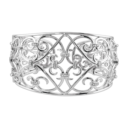 Sterling Silver 1/3 Ct Diamond Filigree Scroll Cuff Bracelet