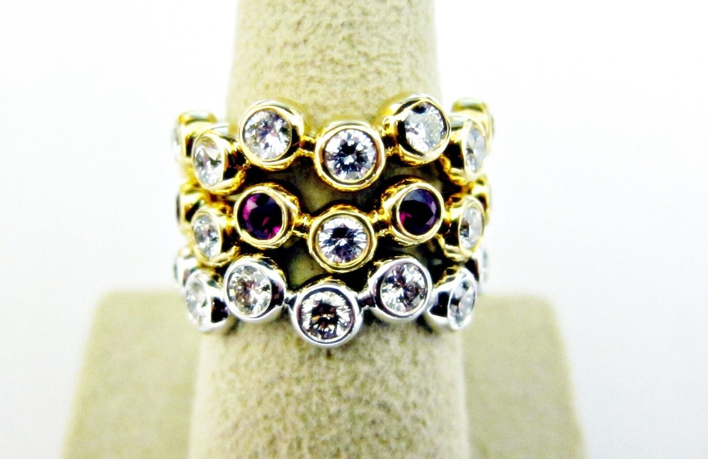 RUBY AND DIAMOND TWO YELLOW GOLD ONE WHITE GOLD ROUND
