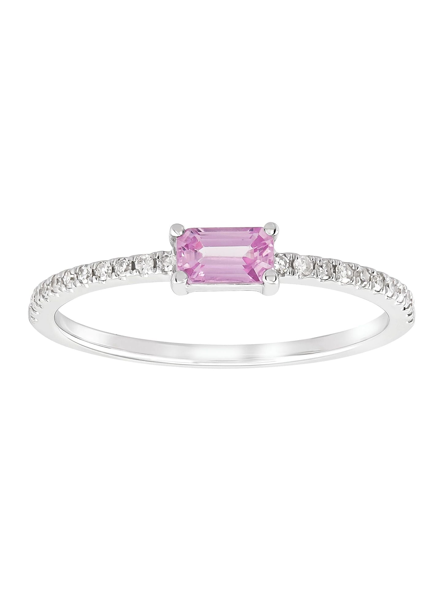 Women'S  Natural Emerald-Cut Pink Sapphire Ring with 1/10 Ct Diamonds in 14Kt Gold