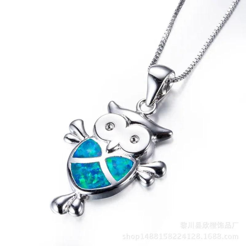 Elegant Lovely Owl White Blue Fire Opal Pendant Necklace Women 925 Sterling Silver Jewelry Gifts