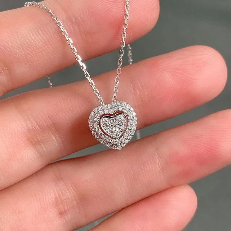 New Fashion Micro Pave 0.34Ct Diamond Lover Heart Pendant Necklace for Women Romantic Wedding Party Necklace
