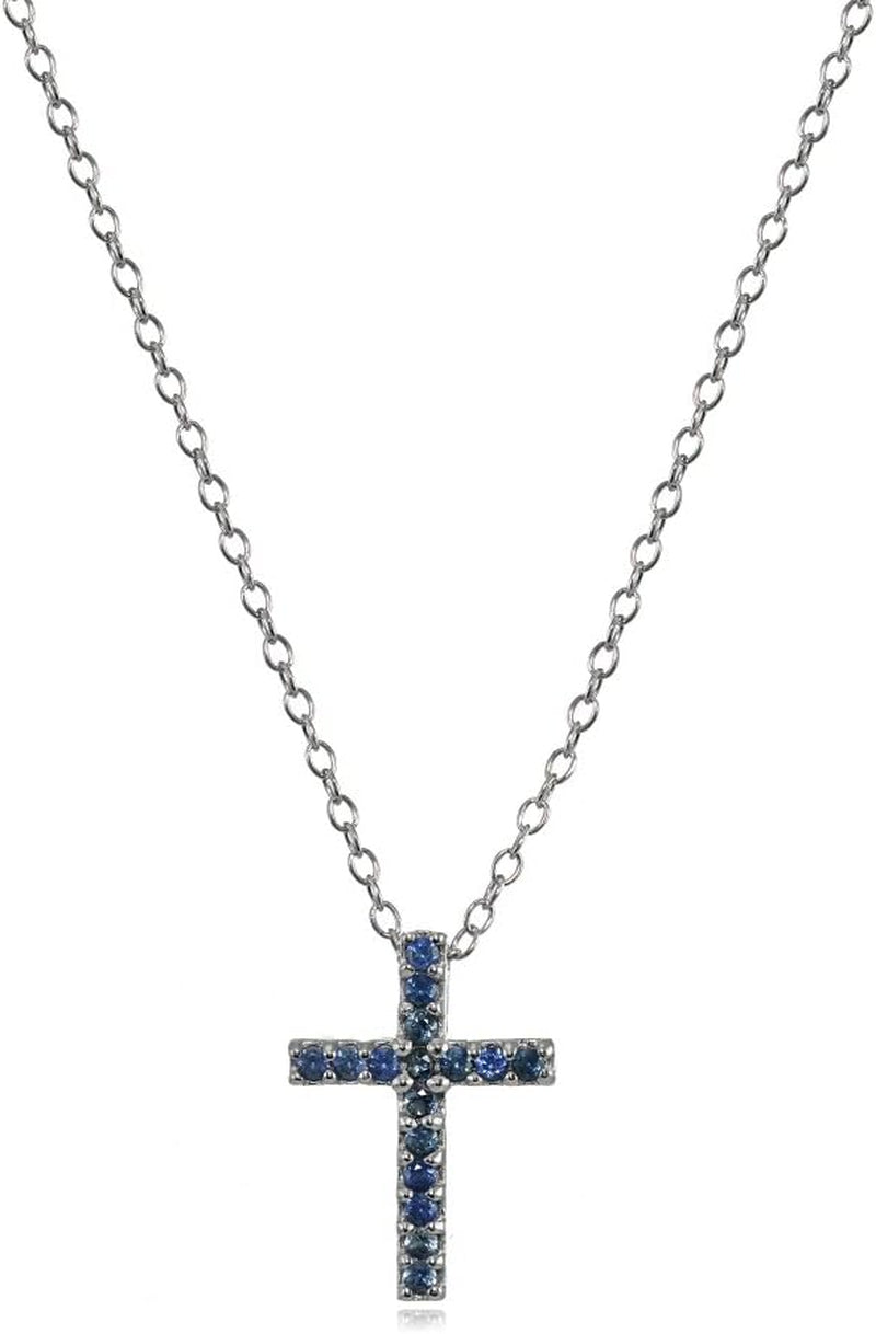 Cross Necklace for Women, Sterling Silver Genuine Blue Sapphire Gemstones Small Dainty Cross Pendant Neckace