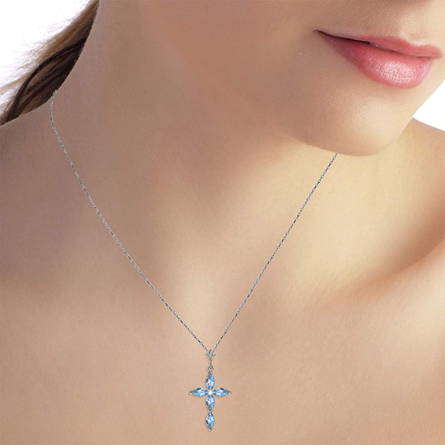 1.1 Carat 14K Solid White Gold Necklace with Genuine Diamond and Blue Topaz Cross Pendant