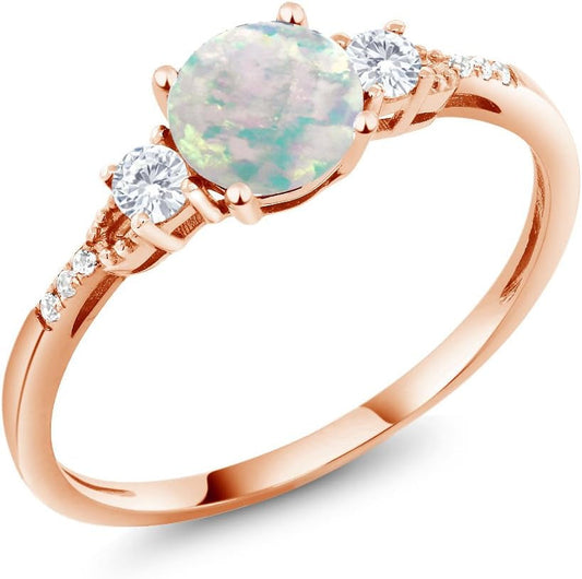 10K Rose Gold White Simulated Opal White Created Sapphire and Diamond Accent 3-Stone Engagement Ring for Women (0.89 Cttw, round Cabochon 6MM, Gemstone October Birthstone)